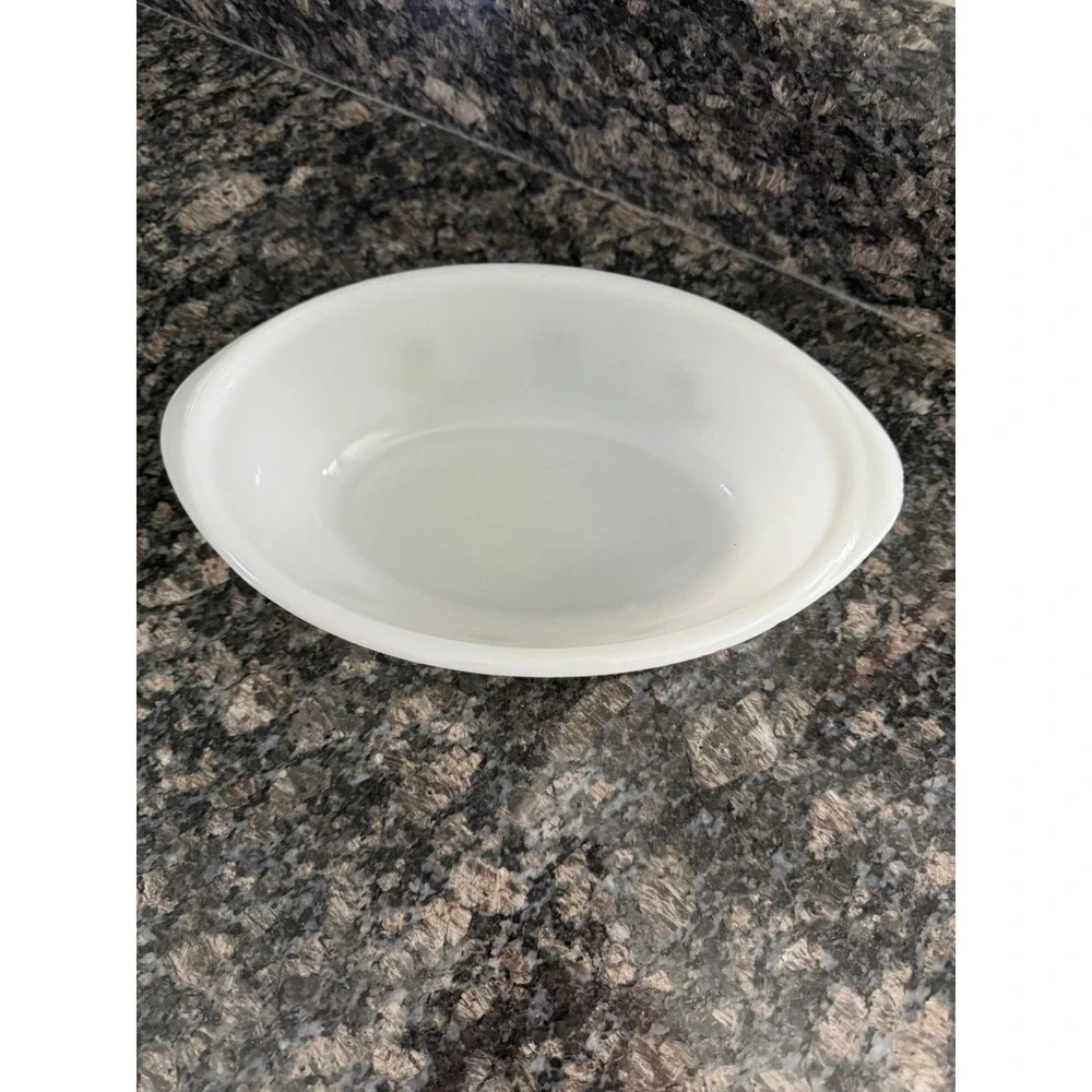 Vintage Glassbake 1 qt. Milk Glass Baking Dish with Green Flower Design‎ Country